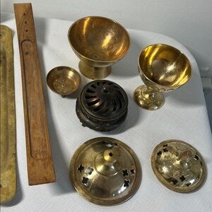 Incense Holders. Brass. Etched brass. 4 packs incense. Vintage